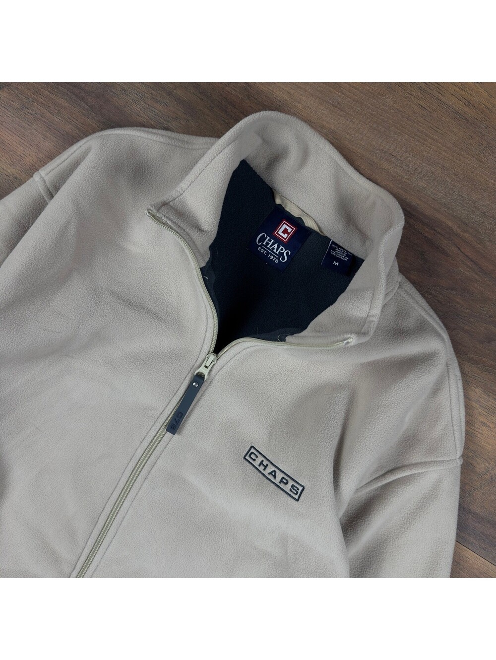 Chaps Full Zip Fleece Jacket Mens M Tan Beige Mock Neck Cozy
